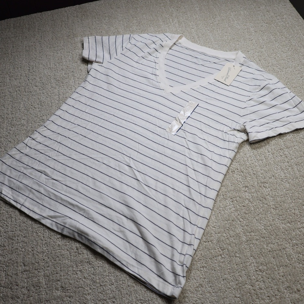 Universal Thread Womens Cream Navy Striped V-Neck Short Sleeve T-Shirt L LR911L